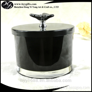 wholesale black glass candle jar with metal lid with butterfly handle